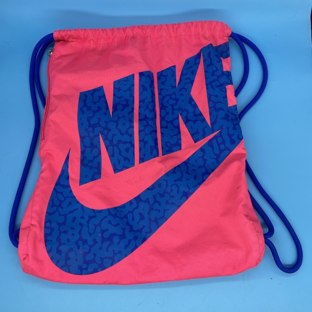 Nike Heritage Drawstring Gymsack Backpack, Pink/Blu Zipper Pocket, Lg Draw Cords